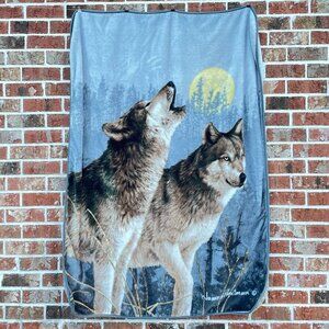James Hautman 50" x 65" Howl‎ At The Moon Fleece Wolf Throw Blanket Cabin Nature
